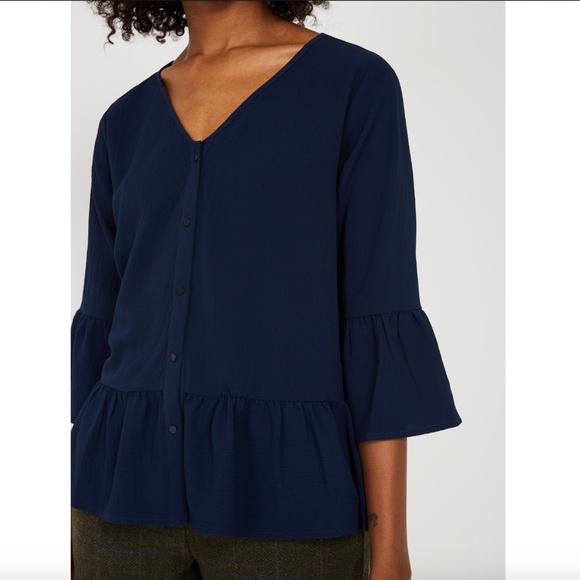 NWT FRANK & OAK V-NECK BELL SLEEVE BLOUSE  NAVY -S - Picture 3 of 12